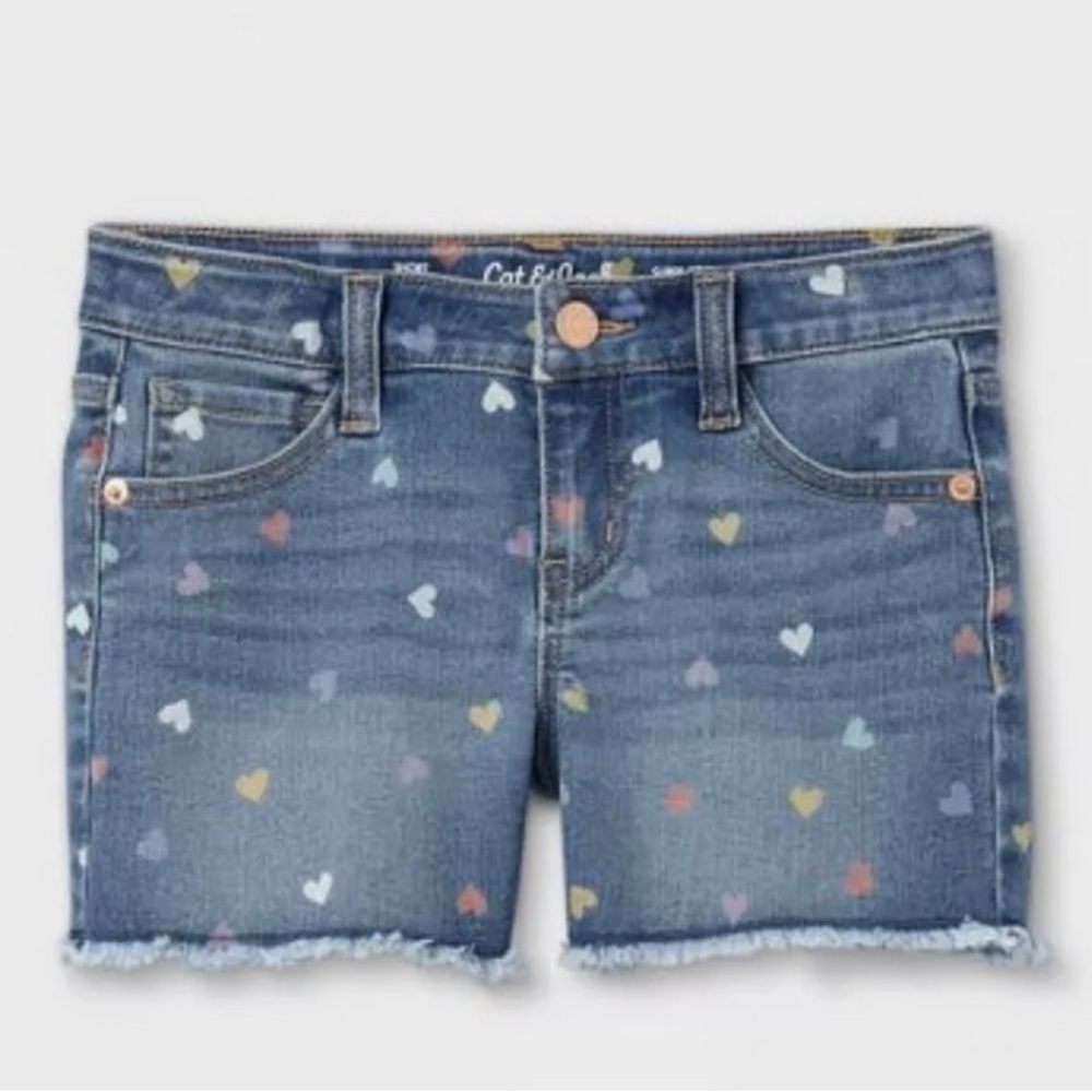 Cat & Jack girls denim shorts with colorful hearts adjustable waist 5 pocket XL